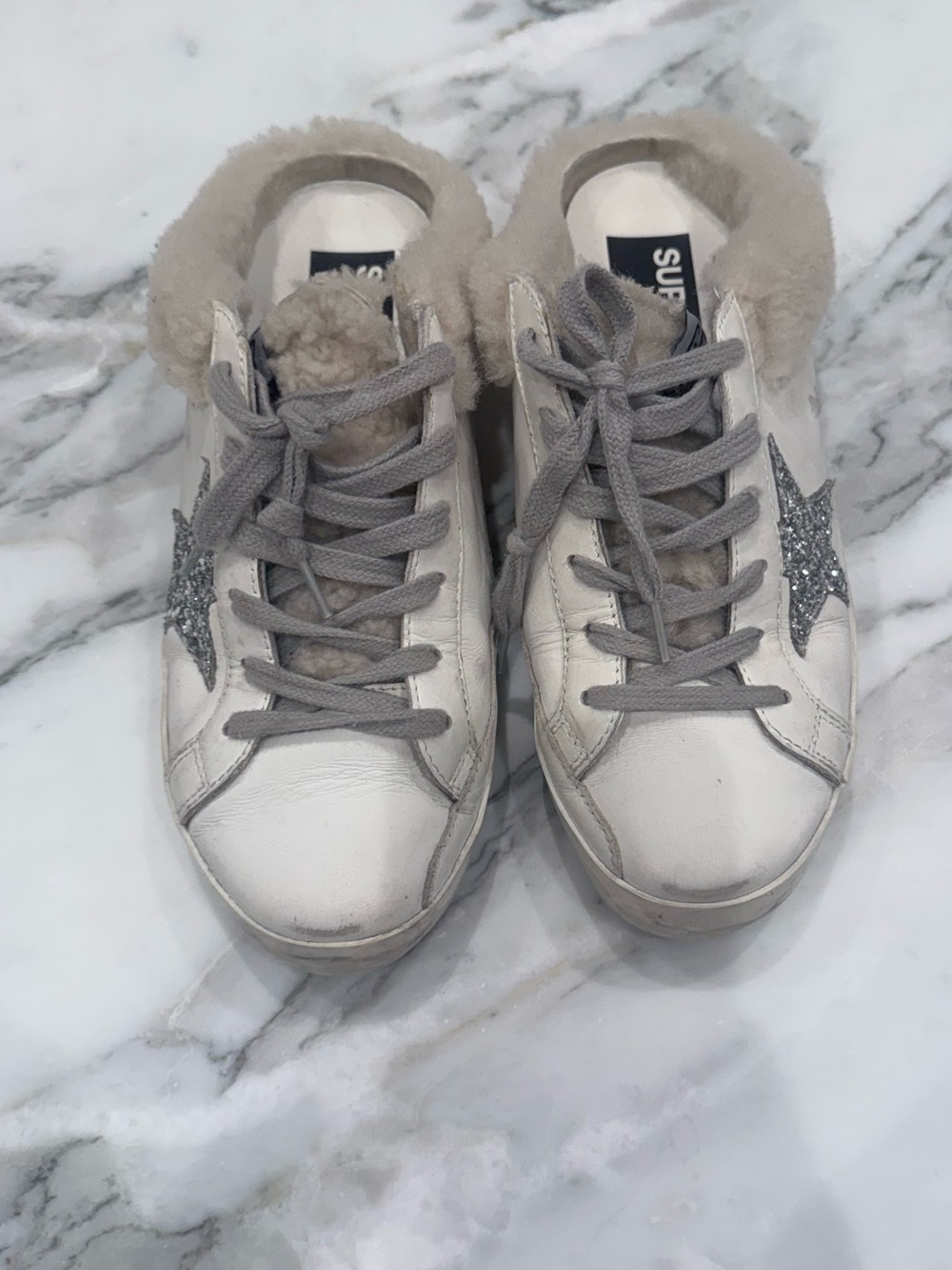 Golden Goose White Sneakers with Gray Star and Shearling Collar
